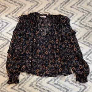 Ulla Johnson Sheer Silk Ruffle Blouse With Gold Metallic Embellishment